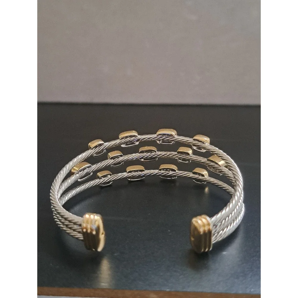 Womens Two Tone Triple Row Cable Cuff Bracelet Pave Crystal Stations Silver Gold